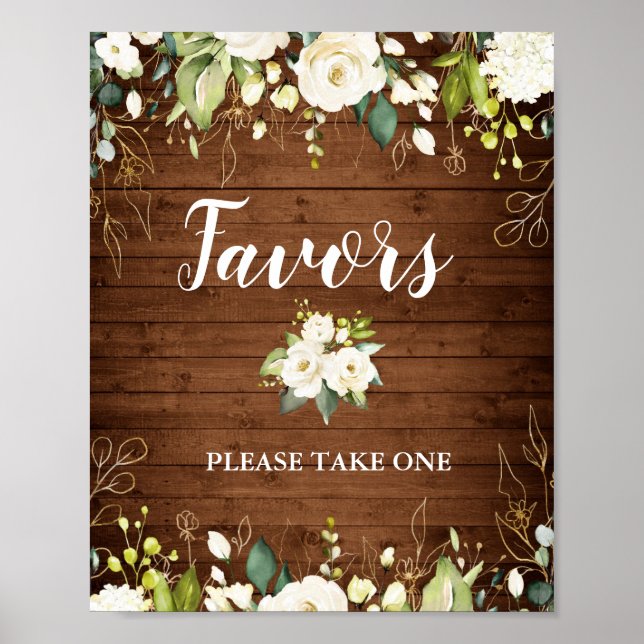Wood & White Rose Floral Wedding Favor Sign Poster (Front)