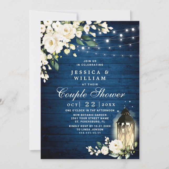 Wood White Rose Lantern Watercolor Couple Shower Invitation (Front)