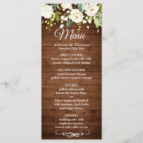 Wood  White Rose Rustic Floral Wedding Menu Card