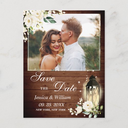 Wood White Rose Rustic PHOTO Wedding Save the Date Postcard