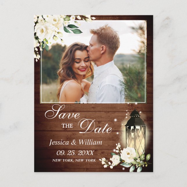 Wood White Rose Rustic PHOTO Wedding Save the Date Postcard (Front)