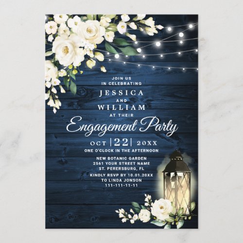 Wood White Rose Watercolor Engagement Party Invitation
