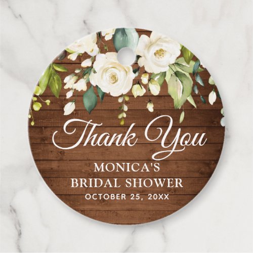 Wood White Roses  Bridal Shower Thank You round Favor Tags