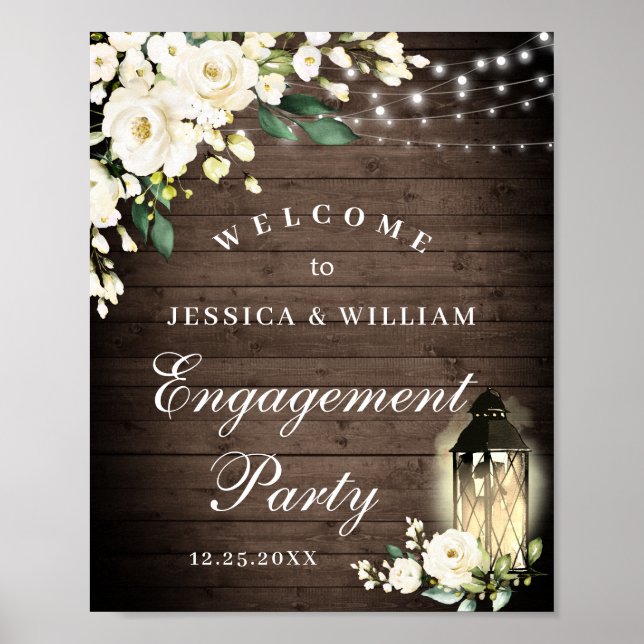 Wood & White Roses  Floral Engagement Party Sign (Front)