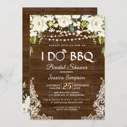 Wood  White Roses Floral I Do BBQ Bridal Shower Invitation