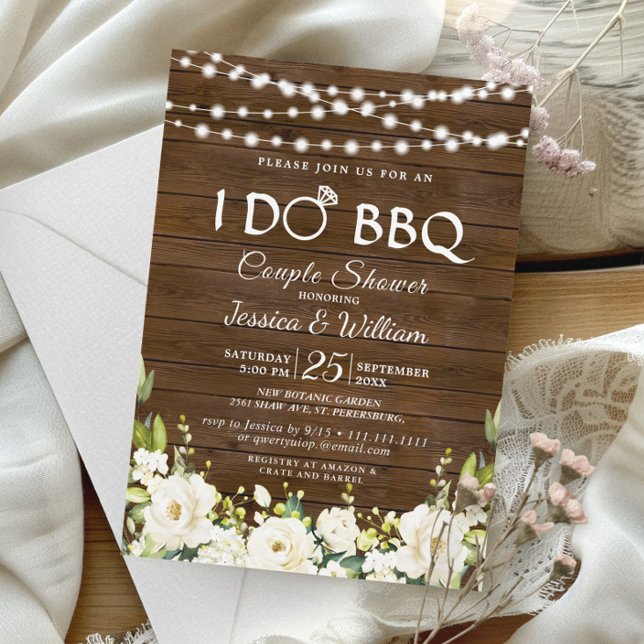 Wood & White Roses Floral I Do BBQ Couple Shower Invitation (Creator Uploaded)
