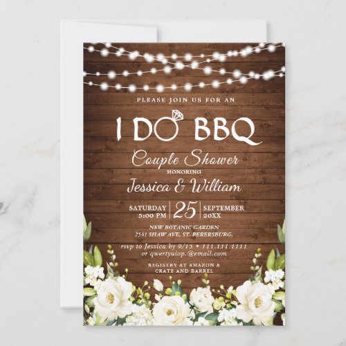 Wood  White Roses Floral I Do BBQ Couple Shower Invitation