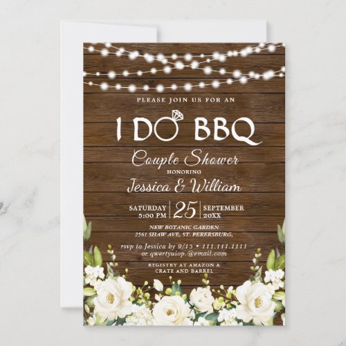 Wood  White Roses Floral I Do BBQ Couple Shower Invitation