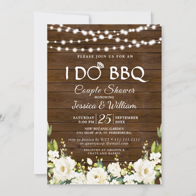 Wood & White Roses Floral I Do BBQ Couple Shower Invitation (Front)