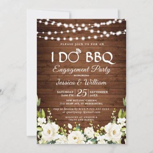 Wood White Roses Floral I Do BBQ Engagement Party Invitation