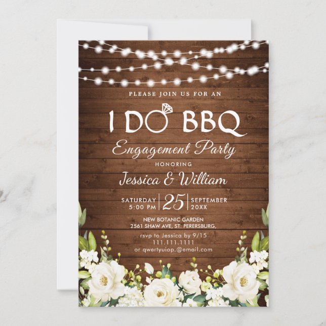 Wood White Roses Floral I Do BBQ Engagement Party Invitation (Front)