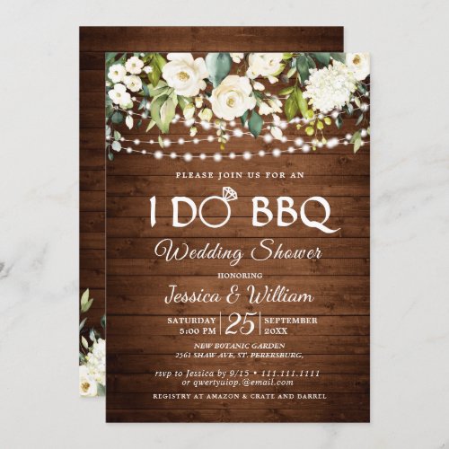 Wood  White Roses Floral I Do BBQ Wedding Shower Invitation