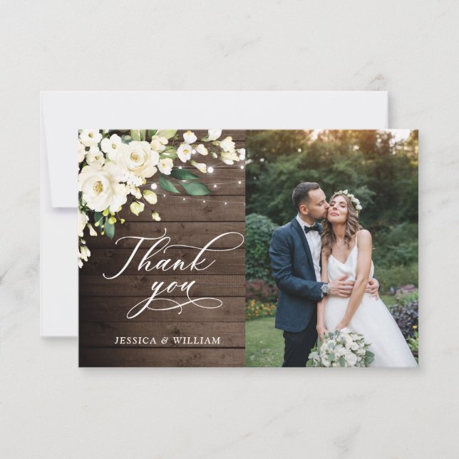 Wood & White Roses Floral Lantern Photo Thank You Card (Front)