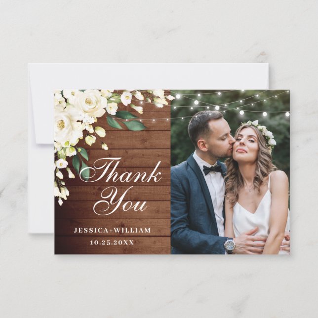 Wood & White Roses Floral Lantern Photo Thank You Card (Front)
