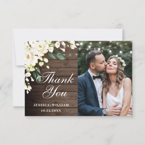 Wood  White Roses Floral Lantern Photo Thank You Card