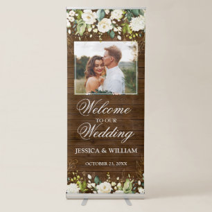Wood & White Roses Floral PHOTO Wedding Welcome Retractable Banner