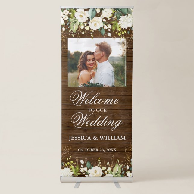 Wood & White Roses Floral PHOTO Wedding Welcome Retractable Banner (Front)