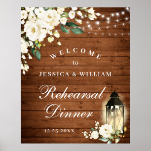 Wood & White Roses Floral Rehearsal Dinner Sign
