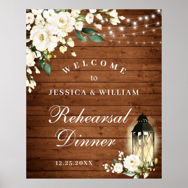Wood & White Roses  Floral Rehearsal Dinner Sign (Front)