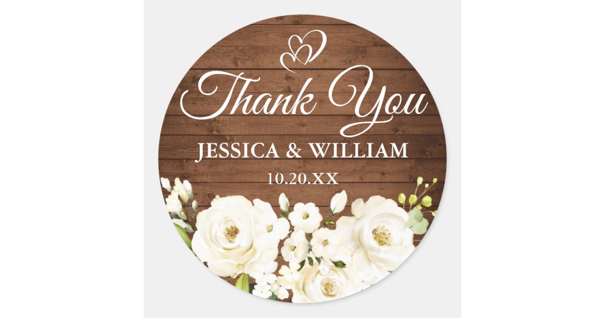 Wood White Roses Floral Rustic Watercolor Wedding Classic Round Sticker ...