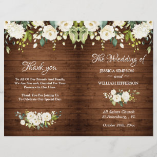 Wood & White Roses Floral Rustic Wedding Program