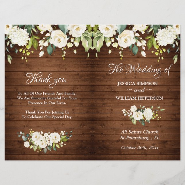 Wood & White Roses Floral Rustic Wedding Program (Front)