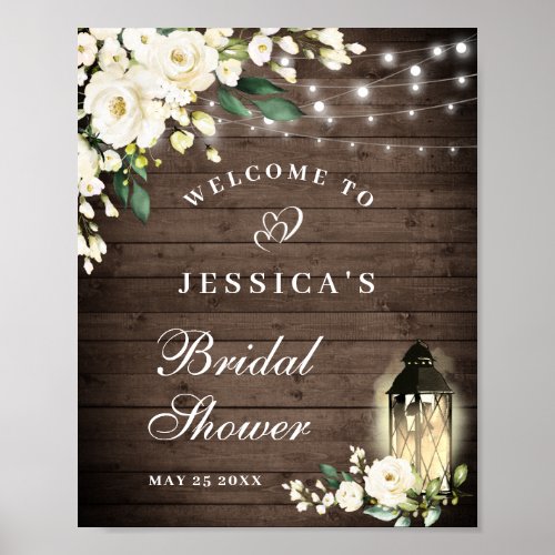 Wood  White Roses Greenery Bridal Shower Welcome Poster