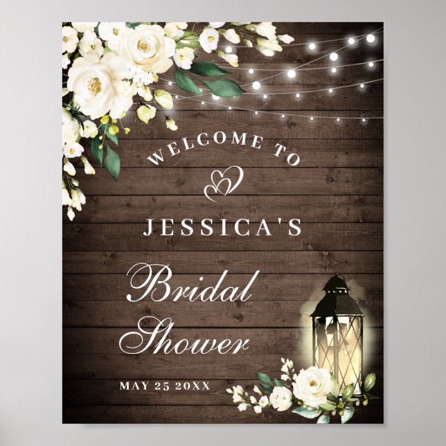 Wood & White Roses Greenery Bridal Shower Welcome Poster (Front)