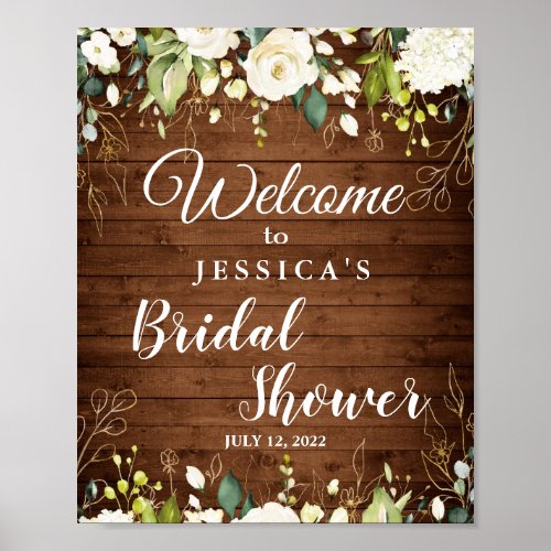 Wood  White Roses Greenery Bridal Shower Welcome Poster