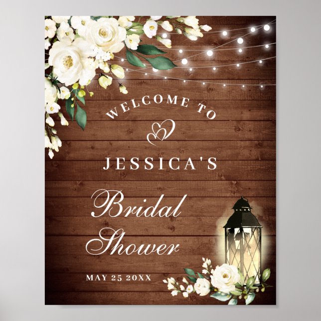 Wood & White Roses Greenery Bridal Shower Welcome Poster (Front)