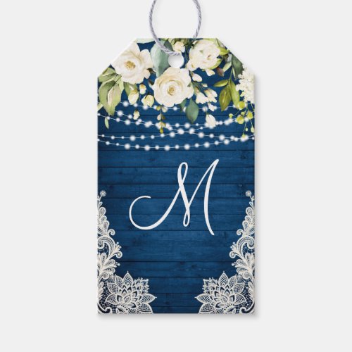 Wood  White Roses Greenery Rustic Monogram Favor Gift Tags