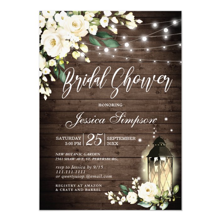 Wood & White Roses Lantern Bridal Shower Invitation