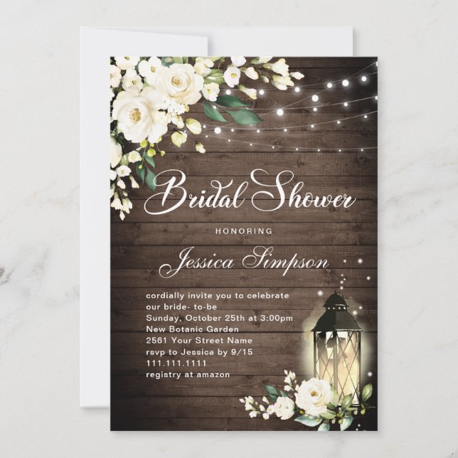 Wood & White Roses Lantern  Bridal Shower Invitation (Front)