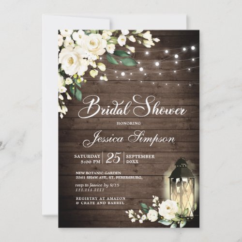 Wood  White Roses Lantern Bridal Shower Invitation