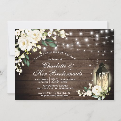 Wood  White Roses Lantern Bridesmaids Brunch Invitation