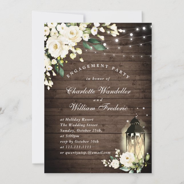 Wood & White Roses & Lantern Engagement Party Invitation (Front)
