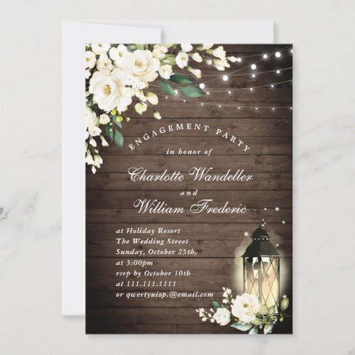 Wood  White Roses  Lantern Engagement Party Invitation