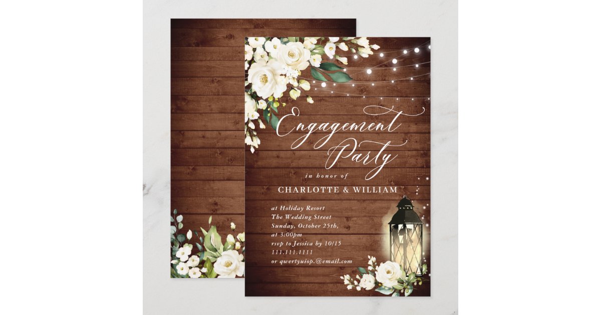 Wood White Roses & Lantern ENGAGEMENT PARTY Invitation Zazzle
