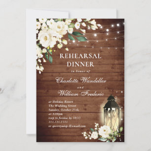 Wood White Roses & Lantern Rehearsal Dinner Invitation
