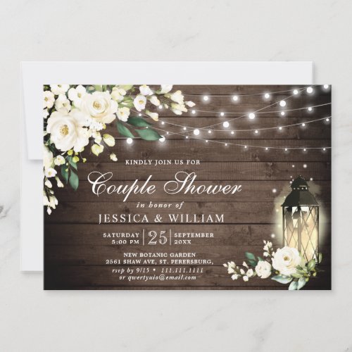 Wood White Roses Lantern Rustic Couple Shower Invitation