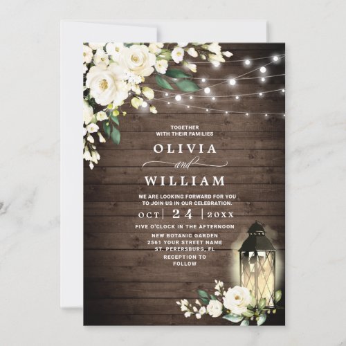 Wood White Roses Lantern Rustic Watercolor wedding Invitation