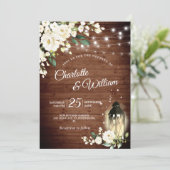 Wood & White Roses & Lantern Watercolor Wedding Invitation (Standing Front)