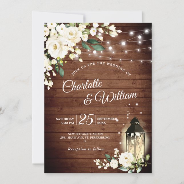 Wood & White Roses & Lantern Watercolor Wedding Invitation (Front)