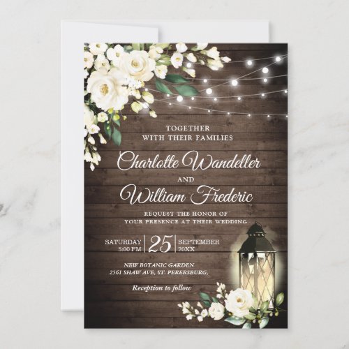 Wood  White Roses  Lantern Watercolor wedding Invitation