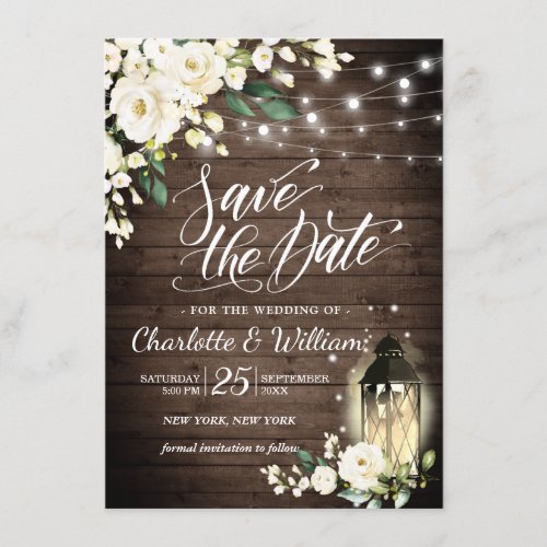 Wood  White Roses  Lantern Wedding Save The Date Invitation