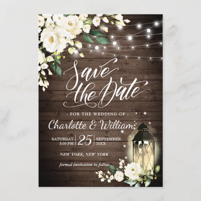 Wood & White Roses & Lantern Wedding Save The Date Invitation | Zazzle