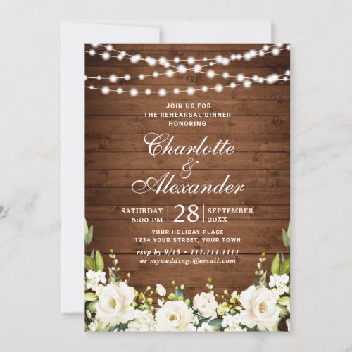 Wood  White Roses Rustic Rehearsal Dinner Invitation