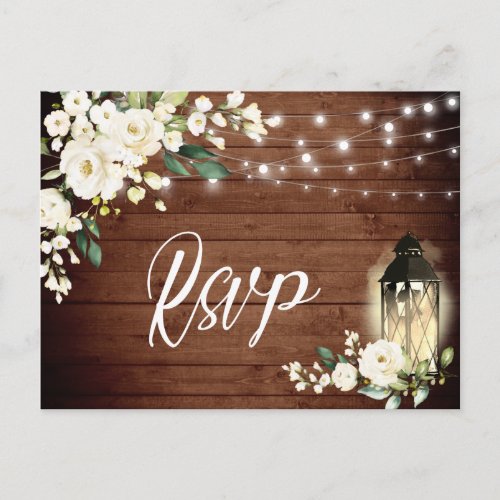 Wood White Roses Rustic Wedding RSVP Postcard