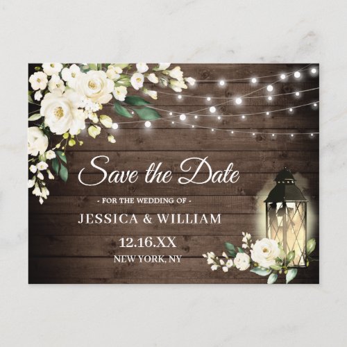 Wood White Roses Rustic Wedding Save the Date Postcard