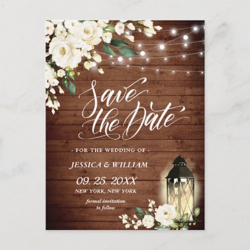 Wood White Roses Rustic Wedding Save the Date Postcard